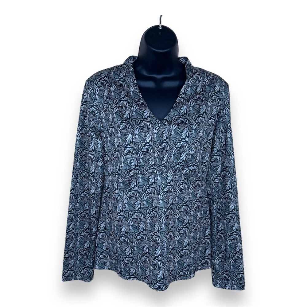 MEDIUM VINTAGE ENVISION STUDIO BLACK BEIGE LEAF PRINT BLOUSE LONG SLEEVE